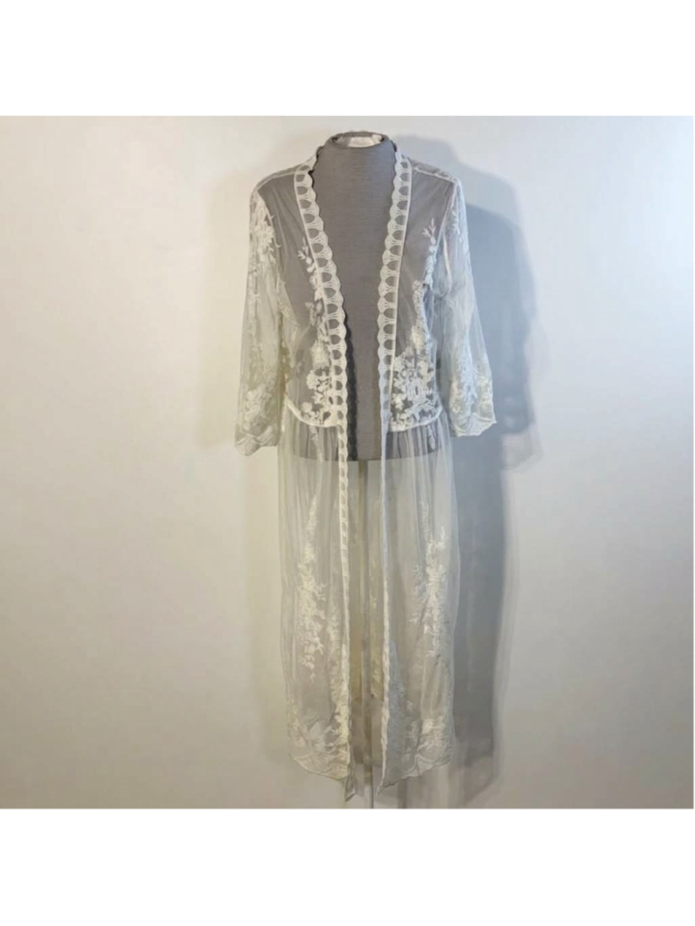 ROCKIN' C Women's L/XL White Sheer Floral Lace Open Front Duster Kimono Cardigan